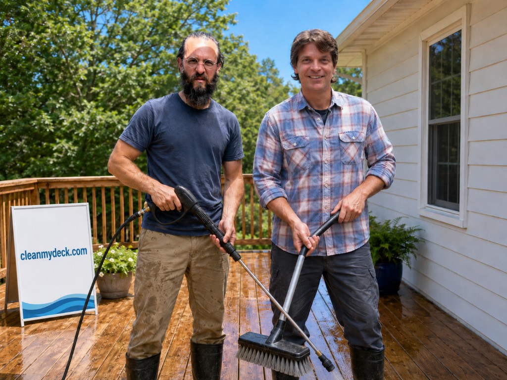 The two CleanMyDeck guys standing on a freshly washed deck with a pressure washer and deck brush